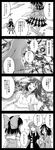  3girls 4koma bangle bow bracelet cloud comic detached_sleeves directional_arrow dress fang greyscale hair_bow hair_tubes hakurei_reimu hands_clasped highres hijiri_byakuren horns jewelry kijin_seija long_hair monochrome multicolored_hair multiple_girls open_mouth own_hands_together partially_translated ribbon robe short_hair smile sorcerer's_sutra_scroll sparkle streaked_hair touhou translation_request utakata_(azaka00) 