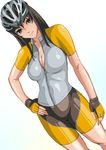  bicycle_helmet bike_jersey bike_shorts breasts brown_eyes brown_hair cleavage contrapposto dutch_angle fingerless_gloves gloves hand_on_hip helmet long_hair medium_breasts original skin_tight smile solo standing sweat tomoshiki 