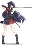  akame akame_ga_kill! ankle_socks bare_shoulders belt black_hair black_legwear buckle full_body highres katana long_hair necktie nekoro_(nekokabuto) pouch red_eyes skirt solo sword transparent_background vambraces very_long_hair weapon 