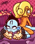 4:5 5_toes accessory activision anthro bandicoot black_eyeliner black_hair blonde_hair blue_body blue_skin blush breasts buckteeth butt coco_bandicoot crash_bandicoot_(series) crate detailed_background duo ear_piercing eyebrows eyelashes eyeliner eyeshadow feet female female/female flat_chested food foot_fetish foot_focus foot_lick freckles fruit fur glistening glistening_butt glistening_feet hair hair_accessory hi_res human humanoid_feet licking looking_back looking_pleasured makeup mammal marsupial nina_cortex nude orange_body orange_fur piercing plant plantigrade ponytail sharp_teeth side_boob smile smokey_the_menish teeth toes tongue tongue_out wumpa_fruit