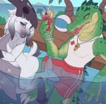 2019 3_toes 4_fingers anthro arm_markings ball beach_ball beverage biped black_body black_ears black_fur black_markings black_mask black_tail blue_eyes blush blush_lines butt cherry claws clothed clothed_anthro clothed_male clothing crocodile crocodilian day digital_media_(artwork) digitigrade drinking_straw duo eyelashes fangs feet female finger_claws fingers food fruit fur fur_markings gloves_(marking) green_body green_scales grey_body grey_fur grey_horn hi_res holding_object hooves horn ice ice_cube inflatable kindred_(lol) lamb_(lol) league_of_legends leg_markings looking_at_viewer male markings mask mask_on_head mask_only meraence multicolored_body multicolored_ears multicolored_fur multicolored_scales multicolored_tail neck_tuft nude nude_anthro nude_female open_mouth outside palm_tree partially_submerged plant pool raised_tail red_clothing red_swimwear red_tongue renekton reptile riot_games scales scalie sea seaside sharp_teeth shirt small_tail socks_(marking) spikes spikes_(anatomy) swimwear tail tan_body tan_scales teeth tencent toe_claws toes tongue topwear tree tropical tuft two_tone_body two_tone_scales two_tone_tail water whistle_(object) white_body white_claws white_clothing white_ears white_fur white_shirt white_tail white_topwear wood yellow_eyes