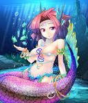  bikini blue_eyes breasts commentary_request fish gold_trim highres jewelry large_breasts looking_at_viewer lord_of_walkure mermaid monster_girl necklace ooyama_kina original red_hair scales solo swimsuit underwater watermark 