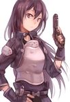  absurdres black_eyes black_hair fingerless_gloves five-seven_(gun) gloves gun handgun highres kirito kirito_(sao-ggo) long_hair norizc otoko_no_ko pistol sword_art_online weapon 