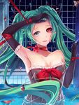  arm_up armpits black_sclera blood elbow_gloves fish gloves green_eyes green_hair hair_ribbon hatsune_miku heterochromia highres l.bou long_hair md5_mismatch mismatched_sclera parted_lips partially_submerged red_eyes ribbon solo tears twintails very_long_hair vocaloid water wet 