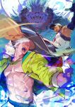  3boys abs aerokinesis akuma_(street_fighter) bare_pectorals baseball_cap bead_necklace beads black_gloves black_shorts clenched_teeth commentary_request ed_(street_fighter) elbow_gloves fingerless_gloves gloves goggles hat highres jacket jewelry kureta_(nikogori) male_focus multiple_boys muscular muscular_male necklace official_alternate_costume official_alternate_hair_color open_clothes open_jacket open_mouth pectorals psycho_power rashid_(street_fighter) shirt shorts sleeveless sleeveless_shirt smile street_fighter street_fighter_6 teeth tongue triangle_mouth two-sided_fabric two-sided_jacket white_hair wind yellow_jacket 