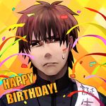  brown_hair confetti fate/zero fate_(series) fley3black happy_birthday kotomine_kirei lowres male_focus solo sweatdrop 