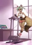  absurd_res alanscampos breasts brown_fur canine clothed clothing computer exercise female fluffy_tail fox frowning fur green_eyes green_hair hair hi_res long_tail mammal midriff music phone running shirt shorts skimpy solo sweat tank_top treadmill 