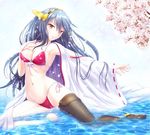  armpits bikini black_hair cameltoe detached_sleeves hairband hand_on_own_chest haruna_(kantai_collection) japanese_clothes kantai_collection long_hair looking_at_viewer navel nontraditional_miko open_mouth red_eyes ribbon-trimmed_sleeves ribbon_trim ryu-akt solo swimsuit thighhighs water wide_sleeves 