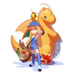  1girl 4others animal bag baseball_cap bird blonde_hair blue_shorts blunt_ends caterpie dragonite farfetch'd green_eyes hat highres katherine_murray long_hair magikarp middle_part multiple_others poke_ball pokemon pokemon_(creature) salt salt_shaker short_shorts shorts shoulder_bag smile tank_top thighhighs 