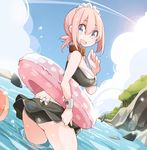  beach bikini blue_eyes breasts collar day innertube large_breasts looking_at_viewer looking_back maid maid_headdress open_mouth original outdoors pink_hair shark_fin smile solo swimsuit takagi_(tansuke) tansuke wading water 