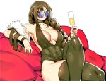  1girl alcohol bare_shoulders black_dress black_thighhighs braid braided_ponytail breasts brown_eyes brown_hair champagne champagne_flute choker covered_navel crossed_legs cup dress drinking_glass earrings fate/grand_order fate_(series) fur_shawl highres jewelry large_breasts long_hair looking_at_viewer minew round_eyewear shawl single_braid sitting smile solo sunglasses thighhighs thighs very_long_hair yu_mei-ren_(fate) 