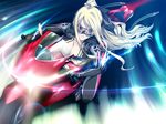  blonde_hair blue_eyes bodysuit breasts cleavage cross cross_necklace goggles ground_vehicle jewelry laila_lia_sorel large_breasts long_hair motor_vehicle motorcycle necklace ponytail racing_suit shiden_enkan_no_kizuna 