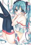  aqua_eyes aqua_hair hands_on_own_face hatsune_miku highres long_hair mugicha_(mugicha0929) open_mouth panties sample sitting solo striped striped_panties thighhighs traditional_media twintails underwear very_long_hair vocaloid 