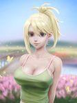  1girl arms_behind_back bangs blonde_hair blue_sky blurry blurry_background breasts bridge brown_eyes bug butterfly cleavage closed_mouth commentary day earrings english_commentary fairy_tail flower gohpot green_shirt hair_between_eyes heart heart_earrings insect jewelry large_breasts lips looking_at_viewer lucy_heartfilia midriff one_side_up outdoors pink_flower river shirt sideboob sky smile solo spaghetti_strap standing sunlight swept_bangs yellow_butterfly 