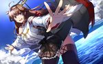  :d ahoge ashiwara_yuu black_legwear brown_hair cloud day detached_sleeves dutch_angle foreshortening headgear kantai_collection kongou_(kantai_collection) long_hair machinery nontraditional_miko ocean open_mouth outstretched_arms outstretched_hand purple_eyes skirt sky smile solo spread_arms thighhighs water 