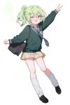  1girl absurdres bag black_bag black_shoes blue_eyes blue_necktie collared_shirt commentary_request diagonal-striped_clothes diagonal-striped_necktie dress_shirt full_body green_hair green_sweater hair_ornament handbag highres korean_commentary long_sleeves necktie one_eye_closed open_mouth pleated_skirt saho_4545 shirt shoes side_ponytail simple_background skirt socks solo stellive striped_clothes sweater virtual_youtuber white_background white_shirt white_socks yellow_skirt yuzuha_riko 