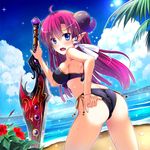  adjusting_clothes adjusting_swimsuit ass beach bikini blue_eyes day demon_girl fang from_behind kazumasa looking_back original pointy_ears purple_hair solo swimsuit sword weapon 