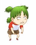  biting green_hair koiwai_yotsuba lip_biting quad_tails shirt shorts simple_background solo t-shirt tenji_sanmon white_background yotsubato! 