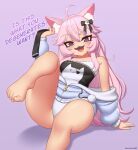  1girl :3 :d ahoge animal_ear_fluff animal_ears arm_support artist_name bare_legs bare_shoulders barefoot black_bow black_camisole black_socks blue_jacket blush bow breasts camisole cat_ears cat_girl cat_hair_ornament cat_ornament commentary english_commentary english_text eyepatch fake_facial_hair fake_mustache fang feet foot_out_of_frame ghost_hair_ornament hair_between_eyes hair_bow hair_ornament hand_up heart heart_eyepatch holding holding_sock holding_unworn_clothes jacket knee_up kuroonehalf long_hair long_sleeves looking_at_viewer medium_breasts nyatasha_nyanners nyatasha_nyanners_(1st_costume) off_shoulder open_mouth panties pink_hair print_camisole purple_background purple_eyes shadow simple_background sitting smile socks solo toenails toes underwear unworn_socks variant_set very_long_hair virtual_youtuber vshojo white_camisole white_panties 