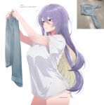  1girl absurdres arms_up asymmetrical_clothes breasts brooklyn_sweater commentary english_commentary from_side hair_between_eyes highres holding holding_unworn_clothes hololive hololive_indonesia horisu_(kholiskun) large_breasts long_hair moona_hoshinova multicolored_hair photo_inset purple_eyes purple_hair see-through_clothes see-through_silhouette shirt solo standing sweater t-shirt thighs virtual_youtuber 