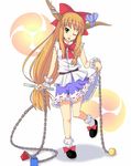  bow chain hair_bow highres horn_ribbon horns ibuki_suika long_hair looking_at_viewer low-tied_long_hair mitsudomoe_(shape) one_eye_closed orange_hair ribbon skirt skirt_hold smile solo tomoe_(symbol) tongue tongue_out touhou utakata_(azaka00) very_long_hair 