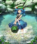  :o alternate_costume bare_shoulders barefoot blue_eyes blue_hair blush breasts cabbie_hat clothes_around_waist collarbone flower food fruit glitter hair_bobbles hair_ornament hat highres jacket jacket_around_waist kawashiro_nitori lake looking_at_viewer moss navel net open_mouth pebble plant rock shirt shirt_around_waist short_hair short_twintails skirt sleeveless small_breasts smile solo standing tank_top touhou twintails two_side_up umigarasu_(kitsune1963) v_arms wading water watermelon white_shirt 