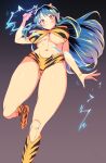  1girl animal_print aqua_hair ass_visible_through_thighs bikini blush boots breasts commentary_request cone_horns dark_background electricity foot_out_of_frame from_below full_body gradient_background highres horns knee_boots large_breasts long_hair looking_at_viewer looking_down lum navel oni pointing pointing_up print_bikini print_boots red_nails simple_background solo standing standing_on_one_leg strapless strapless_bikini swimsuit thighs tiger_print underboob urusei_yatsura yana_(nekoarashi) yellow_bikini yellow_boots yellow_eyes 