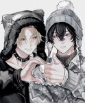  2boys absurdres animal_hood beanie black_hair blonde_hair cardigan cat_hood choker closed_mouth collared_shirt commentary eyes_visible_through_hair fang fur-trimmed_hood fur_trim grey_background grey_cardigan grey_eyes hair_between_eyes half-heart_hands hat highres hood hoodie layered_clothes looking_at_another male_focus mole mole_on_cheek mole_on_neck mole_under_eye multiple_boys multiple_moles original oysi_mysi safety_pin shirt smile studded_choker sweater symbol-only_commentary thumbs_up turtleneck turtleneck_sweater watermark 