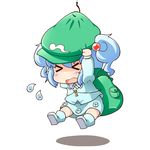  &gt;_&lt; backpack bag blue_hair blush blush_stickers boots chibi closed_eyes fishing_hook full_body hands_on_headwear hat holding hook jinnouchi_akira kawashiro_nitori lifting lifting_person open_mouth pocket rubber_boots short_hair short_sleeves short_twintails simple_background skirt skirt_set smile solo sweatdrop touhou trapped twintails two_side_up 
