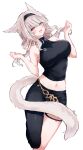  1girl absurdres animal_ears asymmetrical_clothes bare_shoulders black_hairband black_pants black_shirt breasts brown_hair cat_ears cat_girl cat_tail commentary_request facial_mark final_fantasy final_fantasy_xiv hairband highres large_breasts long_hair looking_at_viewer midriff miqo'te navel open_mouth pants pink_eyes sana_(sanamaru_0w0) shirt simple_background single_pantsleg sleeveless sleeveless_shirt smile solo tail thigh_strap turtleneck turtleneck_shirt warrior_of_light_(ff14) whisker_markings white_background 