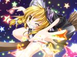  blonde_hair broom broom_riding foreshortening grin hands hat kirisame_marisa masaki_kei one_eye_closed outstretched_arm outstretched_hand reaching smile solo touhou witch witch_hat 