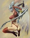  angel_wings artist_request ass bodysuit boots breasts butt_crack covered_nipples dual_wielding final_fantasy final_fantasy_tactics head_wings holding large_breasts leotard looking_down red_leotard solo sword thigh_boots thighhighs ultima_(fft) weapon wings 