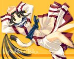  ainu_clothes amazuyu_tatsuki animal_ears arms_up bangs black_hair blush boots breasts brown_eyes company_name copyright_name dated dog_ears dog_tail dutch_angle eruruw from_above hair_ornament hair_tubes hands_together layered_sleeves light_smile long_hair long_sleeves looking_at_viewer low_ponytail lying official_art on_back orange_background parted_bangs sash shadow sidelocks simple_background small_breasts smile solo tail turtleneck utawareru_mono very_long_hair wallpaper wide_sleeves 