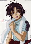  black_hair gundam gundam_seed gundam_seed_destiny male_focus red_eyes shinn_asuka shirt solo t-shirt towel 