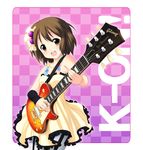  brown_eyes brown_hair checkered don't_say_&quot;lazy&quot; dress foreshortening frills guitar hair_ornament hirasawa_yui instrument k-on! pantyhose shiou_tsuyukusa short_hair solo striped striped_legwear vertical-striped_legwear vertical_stripes 