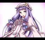  akiyasu bow capelet crescent hair_bow hat letterboxed neck_ribbon open_mouth patchouli_knowledge pink_bow purple_eyes purple_hair ribbon solo striped touhou tsurime 