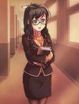  book braid e20 formal glasses green_eyes hair_over_shoulder houzumi_kaede jacket miniskirt original pantyhose pencil_skirt skirt skirt_suit solo suit teacher twin_braids 