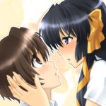  1girl 467_(artist) bad_id bad_pixiv_id black_hair blue_eyes bob_cut brown_eyes brown_hair close-up kurugaya_yuiko little_busters! long_hair naoe_riki ribbon short_hair 