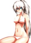  arms_behind_back bikini blue_eyes breasts kiryuu_sayane large_breasts long_hair navel onibi_(foxhound4185) original ponytail silver_hair sitting solo swimsuit 