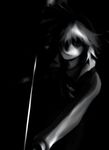  dark futon_(kitsune_tsuki) greyscale hair_over_one_eye highres konpaku_youmu monochrome solo sword touhou weapon 