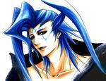  1boy blue_hair collarbone facial_mark final_fantasy final_fantasy_x male male_focus open_mouth seymour_guado simple_background solo tattoo 