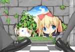  aikei_ake animal_ears bad_id bad_pixiv_id bell blonde_hair blue_eyes bow cat cat_ears hair_bow hair_ribbon hole leaf original ribbon solo_focus twintails walking wall 