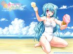  alto_seneka barefoot beach blue_hair blush breasts casual_one-piece_swimsuit cleavage cloud day food galge.com hair_ornament hairclip hisaki_mei ice_cream large_breasts long_hair natsuiro_penguin one-piece_swimsuit one_eye_closed outdoors purple_eyes sexually_suggestive sitting sky solo suggestive_fluid swimsuit wallpaper wariza 