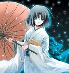  black_hair blue_eyes izumiya_otoha japanese_clothes kara_no_kyoukai kimono oriental_umbrella ryougi_shiki short_hair snow solo umbrella 