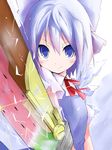  advent_cirno blush bow cirno hair_bow lavender_eyes lavender_hair neck_ribbon ribbon shichinose smile solo sword touhou weapon 