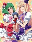  blonde_hair blue_eyes blush dress fang gloves green_hair hat kl long_hair macross macross_frontier mini_hat mini_top_hat multiple_girls ranka_lee red_eyes ribbon saotome_alto sheryl_nome short_hair smile star thighhighs top_hat twintails 