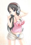  akg akiyama_mio bad_id bad_pixiv_id between_breasts black_eyes black_hair breasts candy casual digital_media_player food headphones highres ipod ipod_touch k-on! large_breasts lollipop long_hair panties product_placement sho-he- shorts solo striped striped_panties tank_top underwear unzipped 