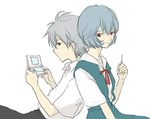  1girl ayanami_rei back-to-back blue_hair handheld_game_console lowres lrk nagisa_kaworu neon_genesis_evangelion nintendo_ds pale_skin red_eyes school_uniform silver_hair stylus 