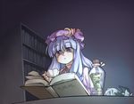  bangs book bookshelf crescent cup drinking hat jar kirisame_marisa library mushroom patchouli_knowledge phenne purple_eyes purple_hair reading teacup theft touhou translated voile witch_hat 