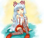  :p bangs fujiwara_no_mokou hair_ribbon loggy long_hair red_eyes ribbon shorts silver_hair sitting solo striped striped_legwear suspenders thighhighs tongue tongue_out touhou 